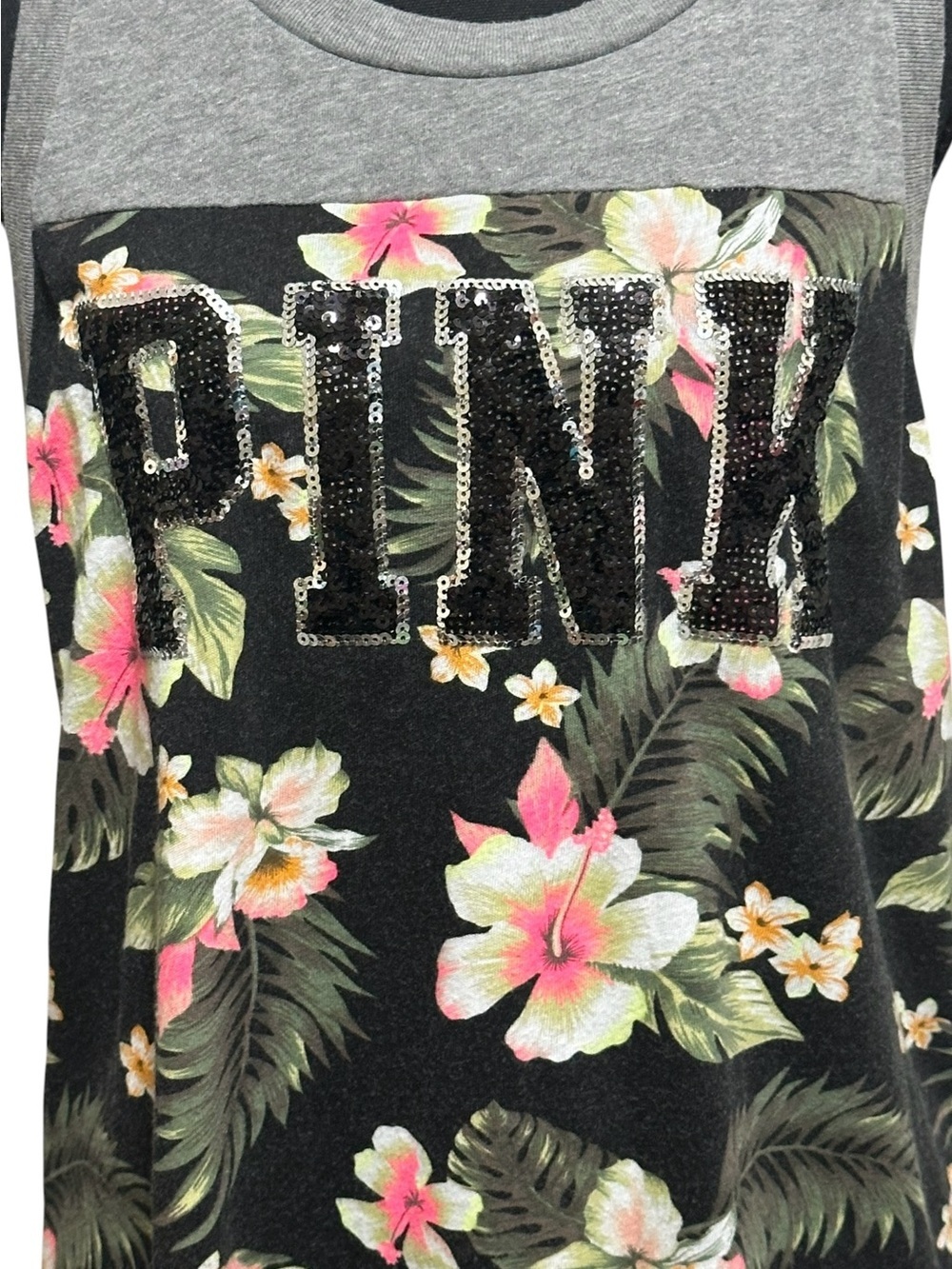 Victoria's Secret PINK Gray Tee with Pink & Green Floral Accents - Picture 4 of 5